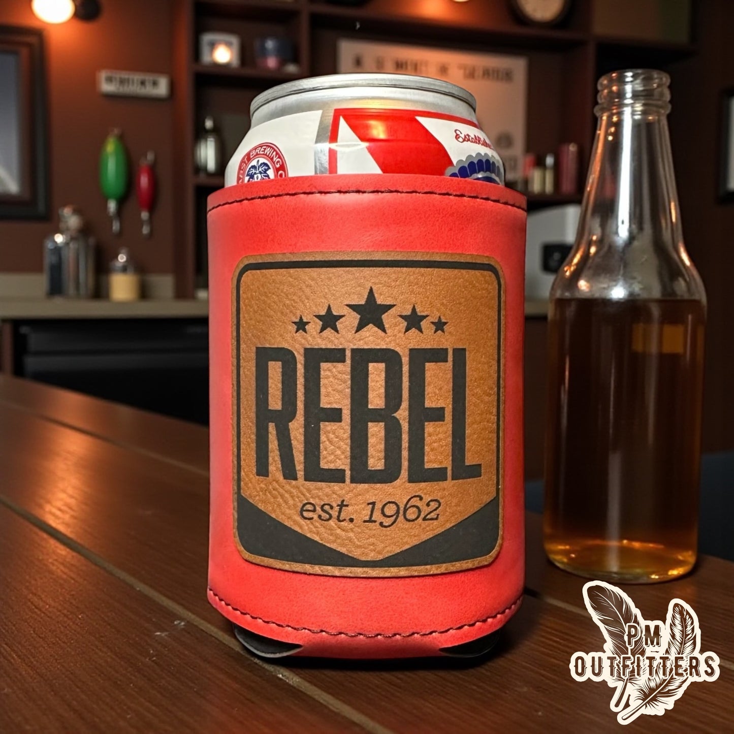 PM Outfitters Custom Laser Engraved Rebel Lures Premium Leatherette Can Koozie