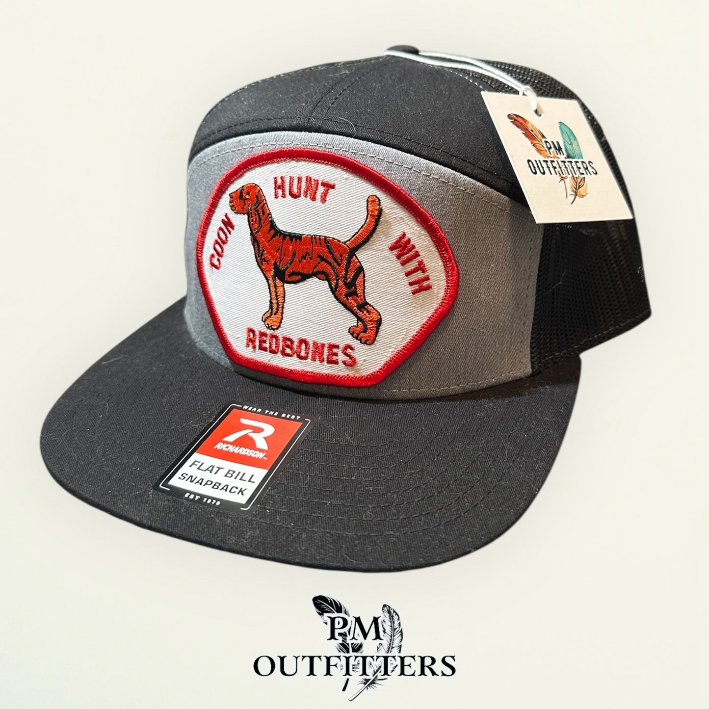 Coon Hunt With Redbones Trucker Hat — PM Outfitters Vintage Hunting Patch | Richardson 168 Grey Black Flat Bill