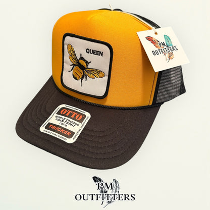 Queen Bee Trucker Hat - PM Outfitters Animal Patch Series | Otto Foam Front Black & Gold