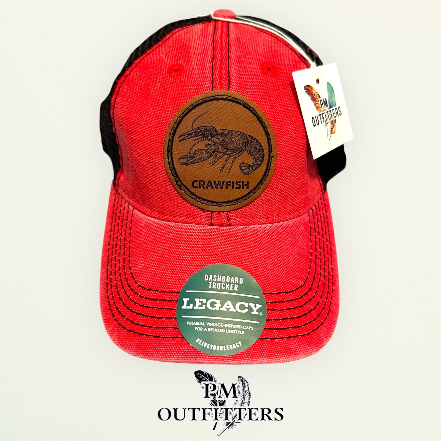Crawfish Laser Engraved Patch Hat | Legacy Dashboard Trucker Red Black | PM Outfitters Exclusive Design