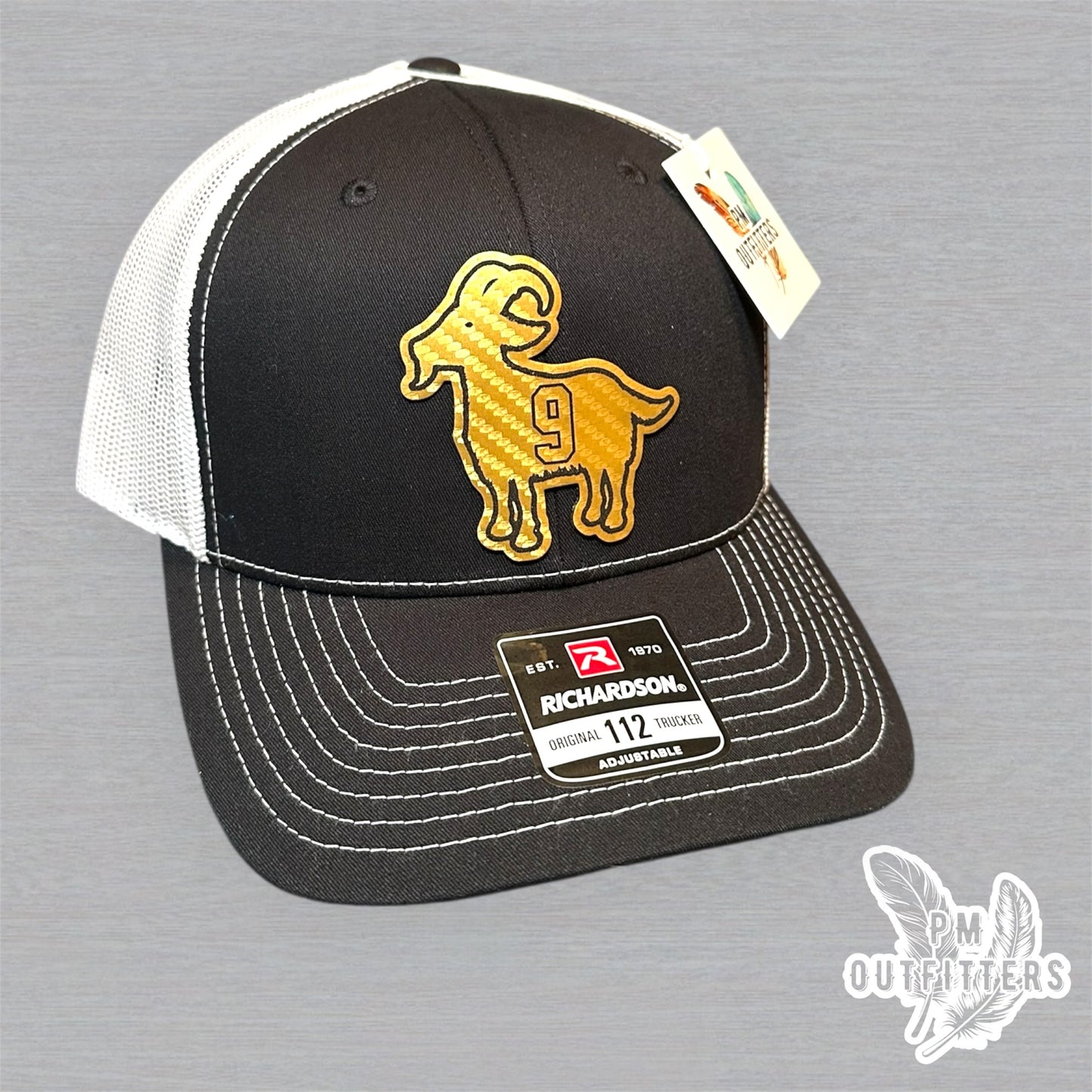 Drew Brees GOAT Hat - PM Outfitters Gold Carbon Fiber Laser | Richardson 112 Black White Saints #9