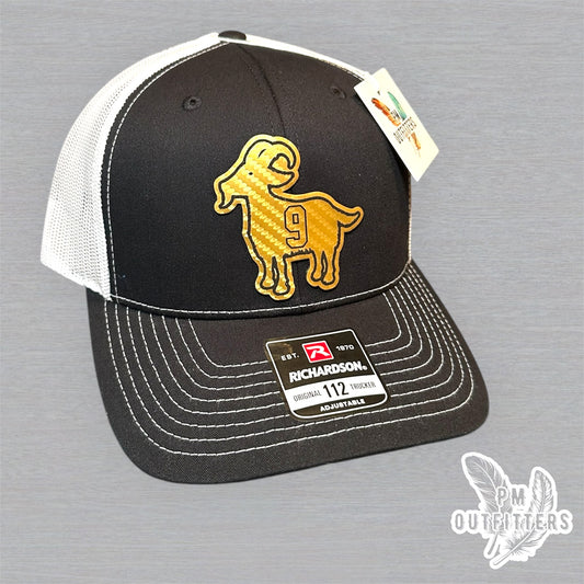 Drew Brees GOAT Hat - PM Outfitters Gold Carbon Fiber Laser | Richardson 112 Black White Saints #9