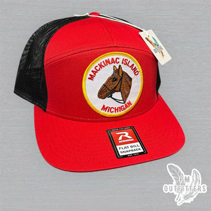 Vintage Mackinac Island Michigan Patch Trucker Hat - Richardson 168 Red Black
