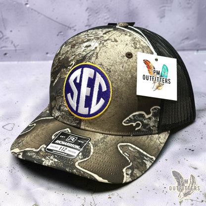 LSU SEC Jersey Patch Trucker Hat | PM Outfitters Richardson 112 Realtree Excape Camo | Purple & Gold
