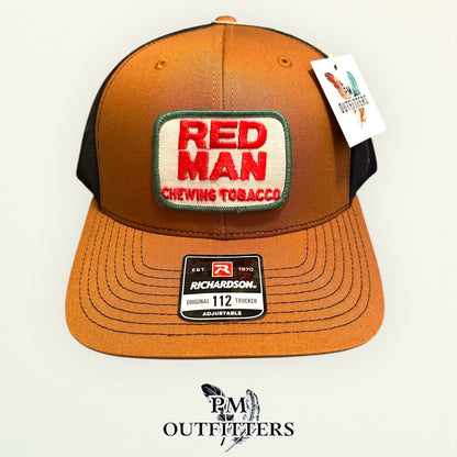 Red Man Chewing Tobacco Vintage Patch Hat - Authentic 1970s-80s | Richardson 112 Caramel Black Baseball