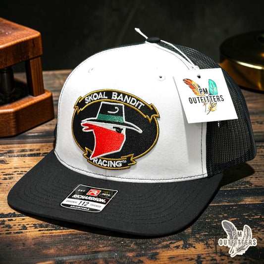 PM Outfitters Skoal Bandit Racing trucker hat white black Richardson 112 oval embroidered patch