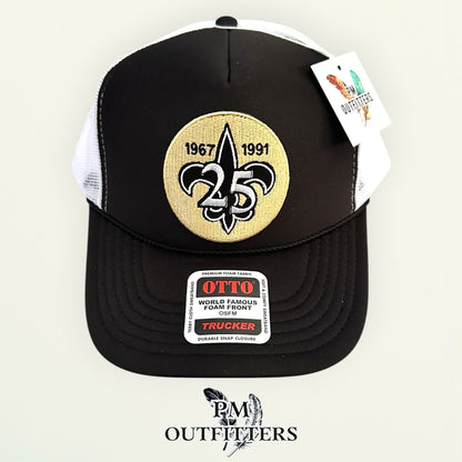 PM Outfitters New Orleans Saints 25th Anniversary embroidered patch Otto foam front rope black white trucker hat