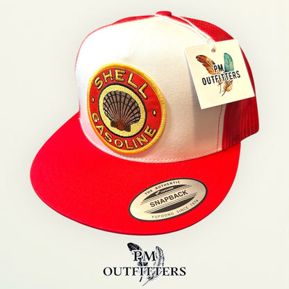 Shell Gasoline Trucker Hat — PM Outfitters Retro Patch | Yupoong Flat Bill White Red Petroleum Heritage