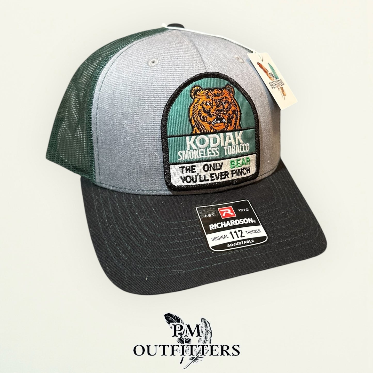 Kodiak Smokeless Tobacco Trucker Hat | PM Outfitters Retro Patch | Richardson 112 Heather Gray, Green & Black