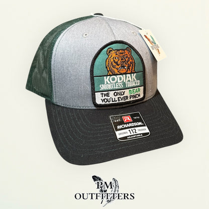 Kodiak Smokeless Tobacco Trucker Hat | PM Outfitters Retro Patch | Richardson 112 Heather Gray, Green & Black