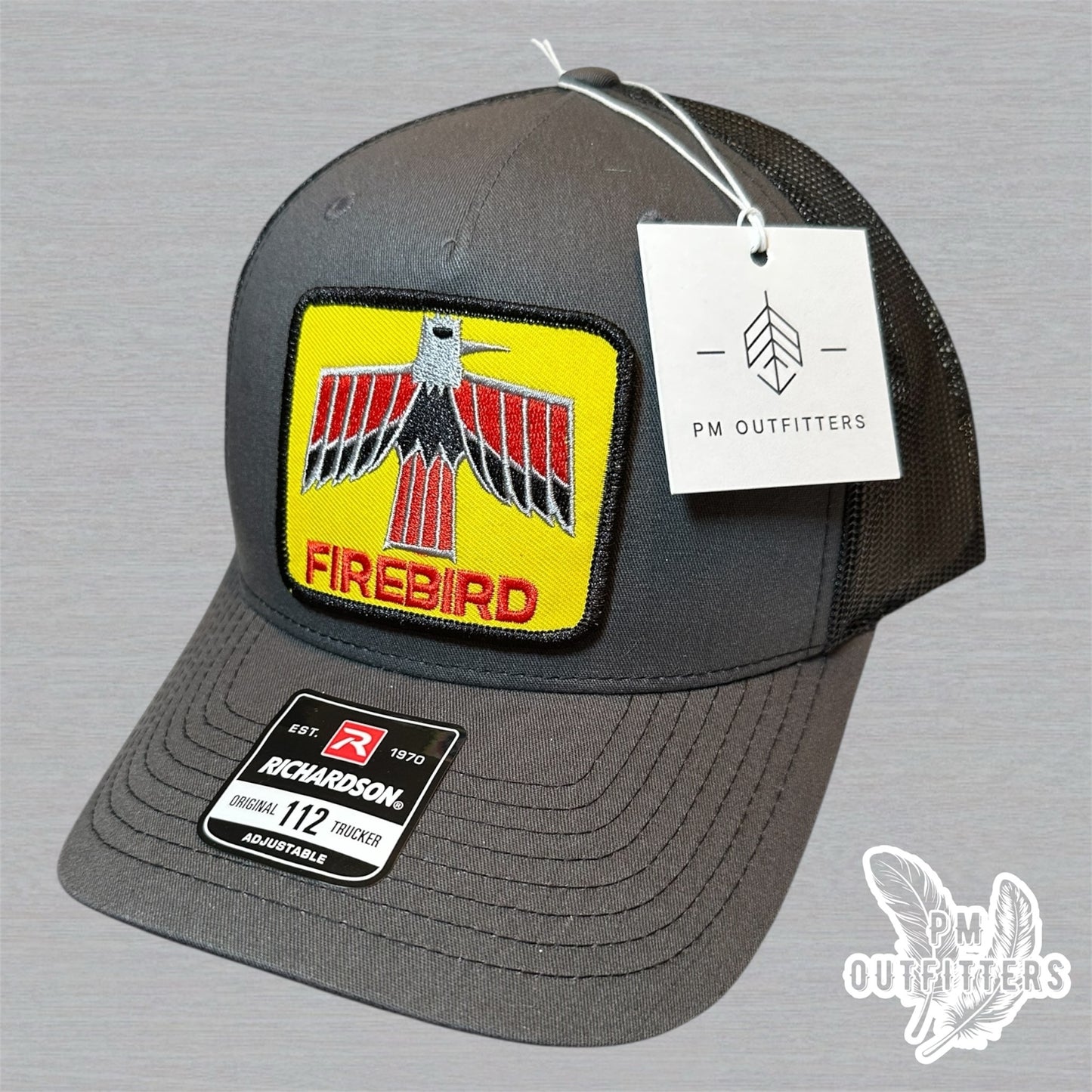 Vintage Firebird Logo Patch Charcoal and Black Richardson 112 Five-Panel Trucker Hat
