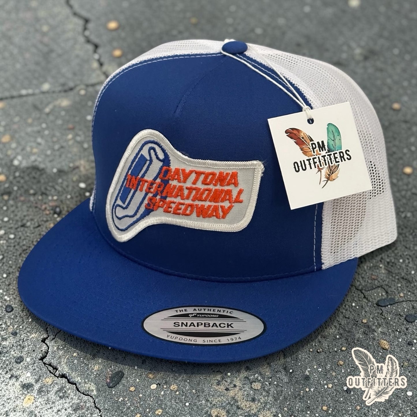 PM Outfitters vintage Daytona International Speedway authentic vintage patch Yupoong 6006 blue white