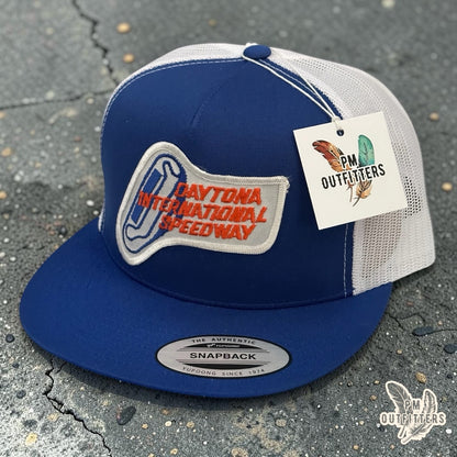 PM Outfitters vintage Daytona International Speedway authentic vintage patch Yupoong 6006 blue white