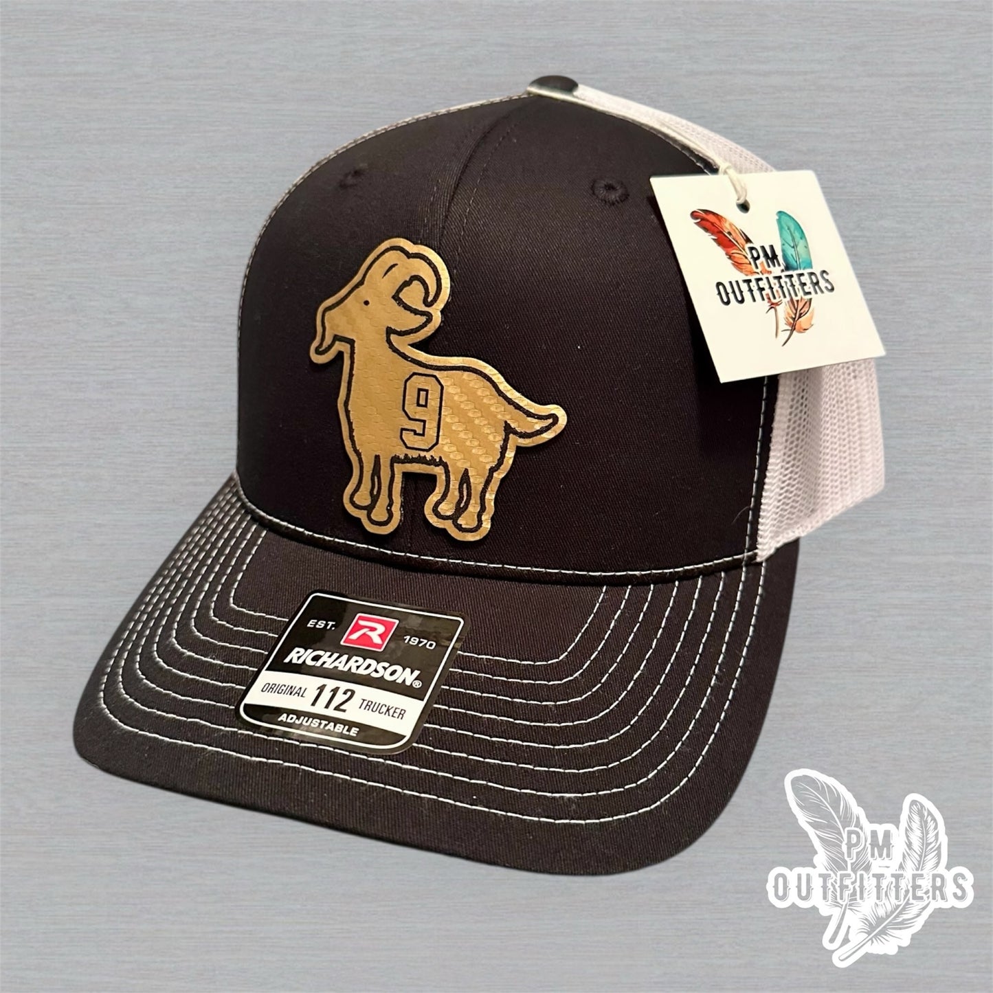 Drew Brees GOAT Hat - PM Outfitters Gold Carbon Fiber Laser | Richardson 112 Black White Saints #9
