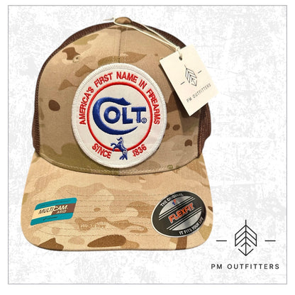 Colt 45 Firearms Embroidered Patch on FlexFit Camo Trucker Hat