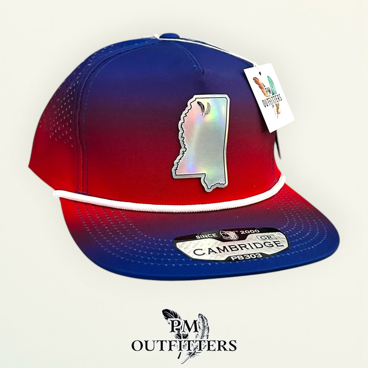 PM Outfitters Ole Miss Tailgate Season holographic vegan leather Mississippi state outline patch trucker hat Oxford two-feather logo blue red gradient