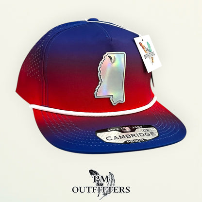 PM Outfitters Ole Miss Tailgate Season holographic vegan leather Mississippi state outline patch trucker hat Oxford two-feather logo blue red gradient