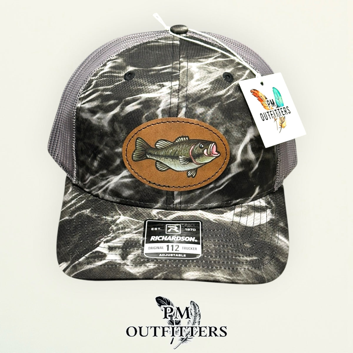 Close-up of the hand-painted largemouth bass patch showing brushwork detail, PM Outfitters True Originals
