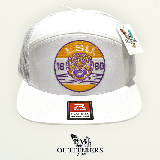 LSU Tigers Retro Badge Trucker Hat | PM Outfitters Richardson 168 All White Flat Bill | Geaux Tigers