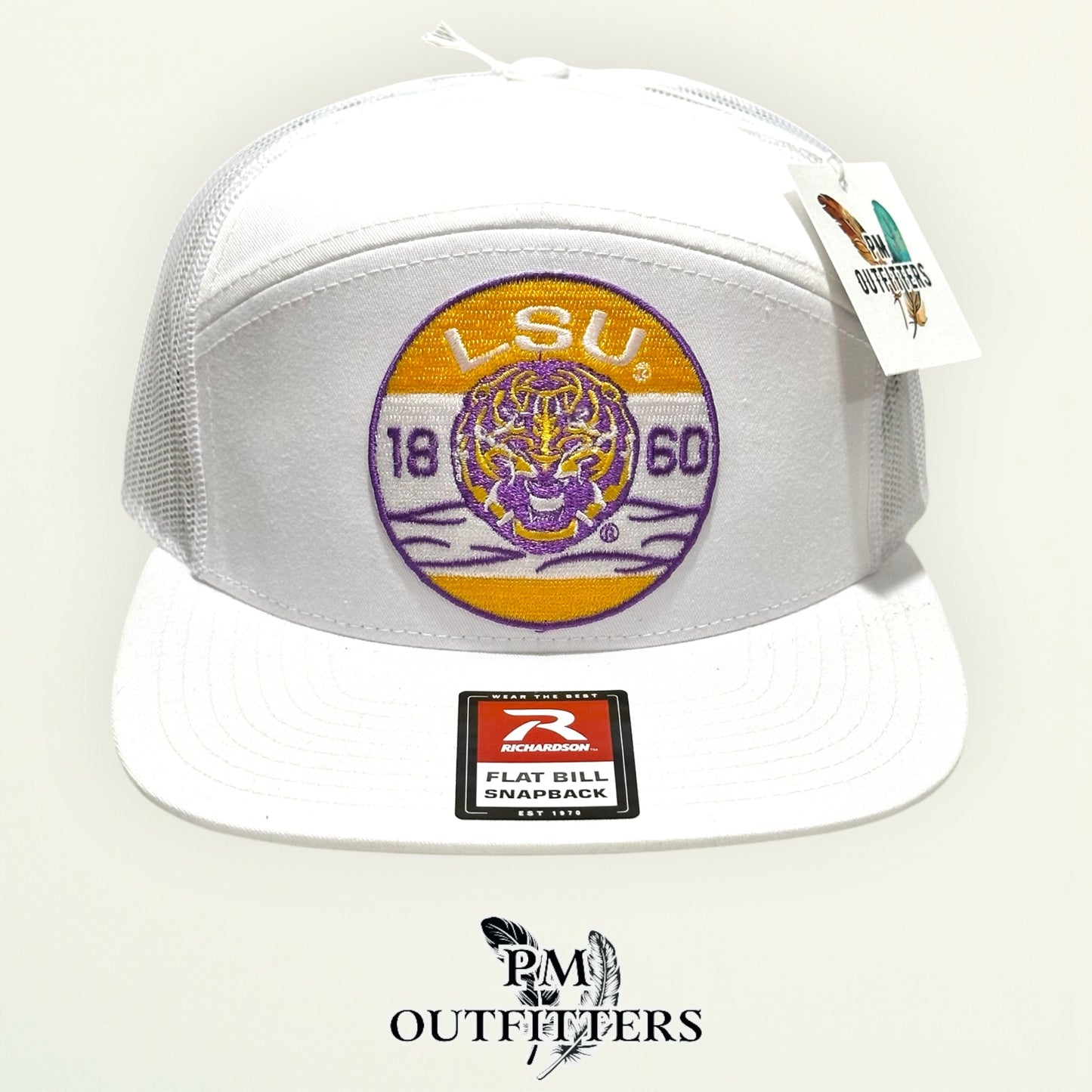 LSU Tigers Retro Badge Trucker Hat | PM Outfitters Richardson 168 All White Flat Bill | Geaux Tigers