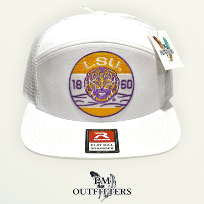 LSU Tigers Retro Badge Trucker Hat | PM Outfitters Richardson 168 All White Flat Bill | Geaux Tigers