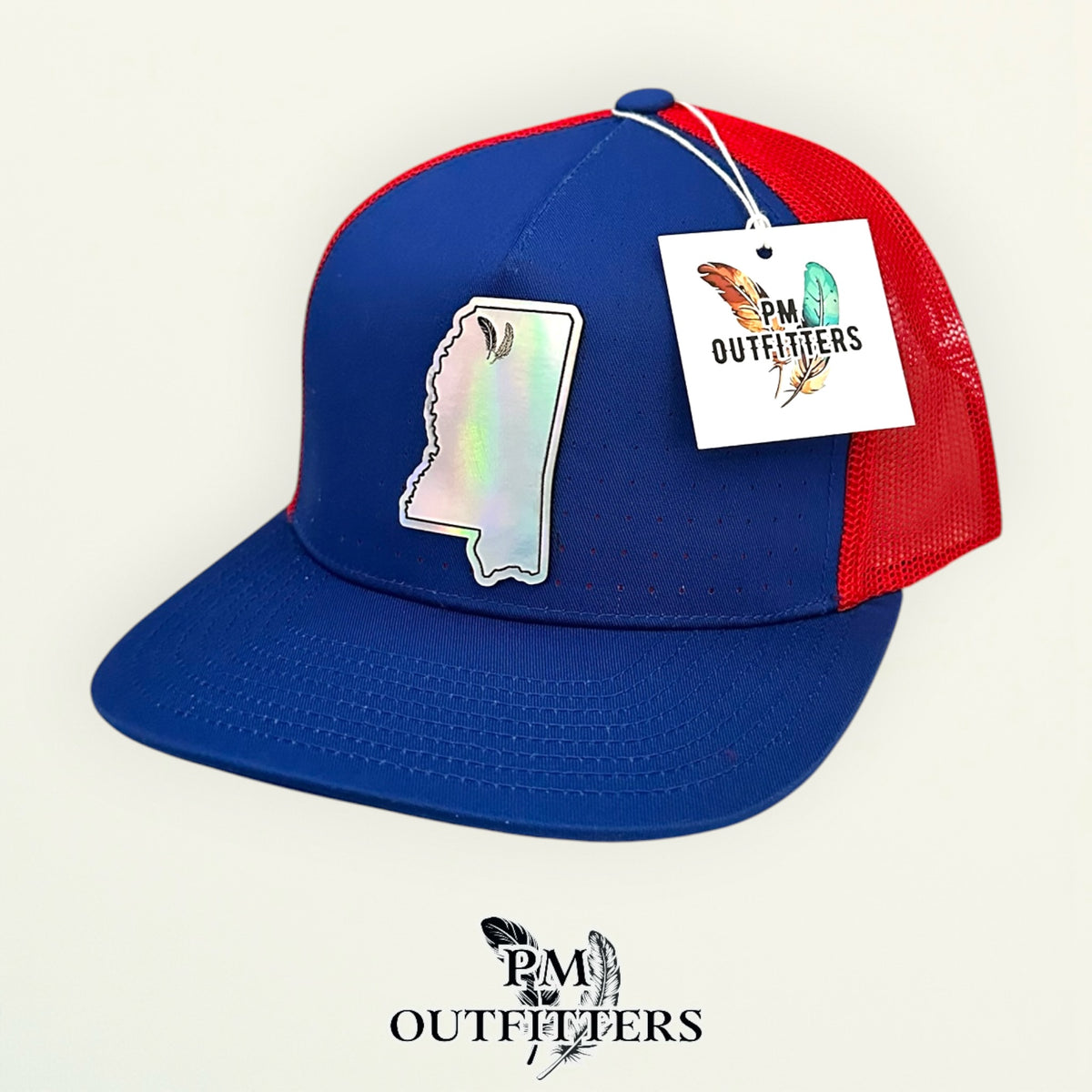 PM Outfitters Ole Miss Tailgate Season holographic vegan leather Mississippi state outline patch trucker hat Oxford two-feather logo blue red