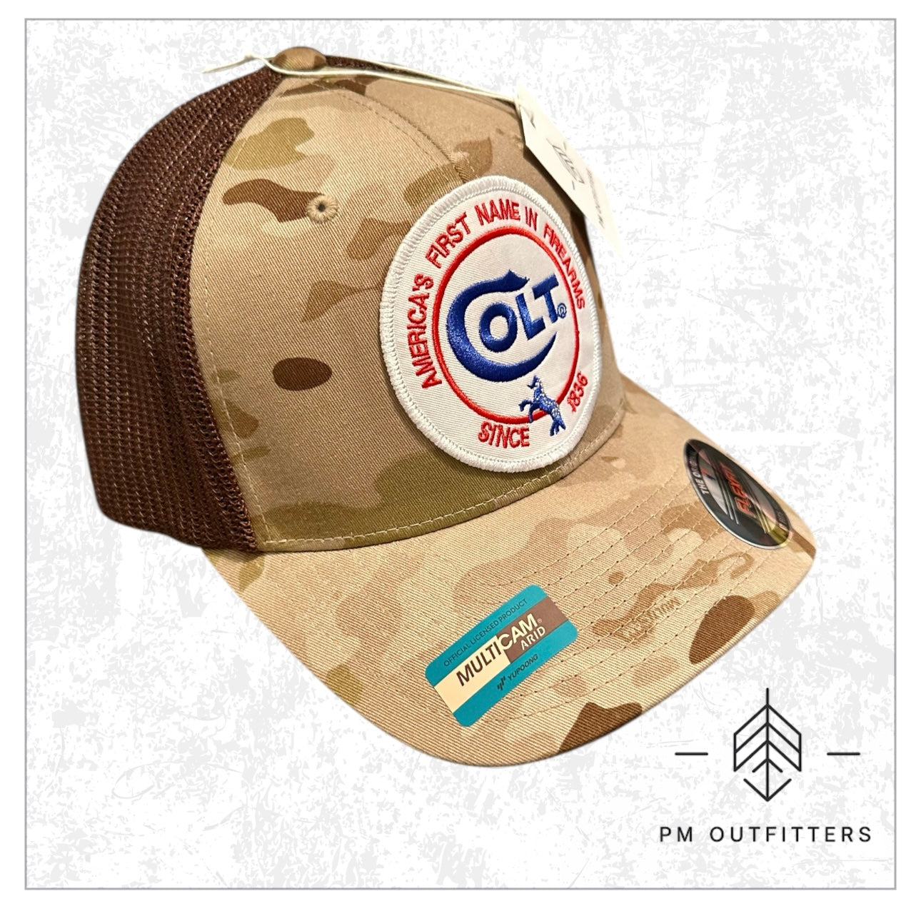 Colt 45 Firearms Embroidered Patch on FlexFit Camo Trucker Hat