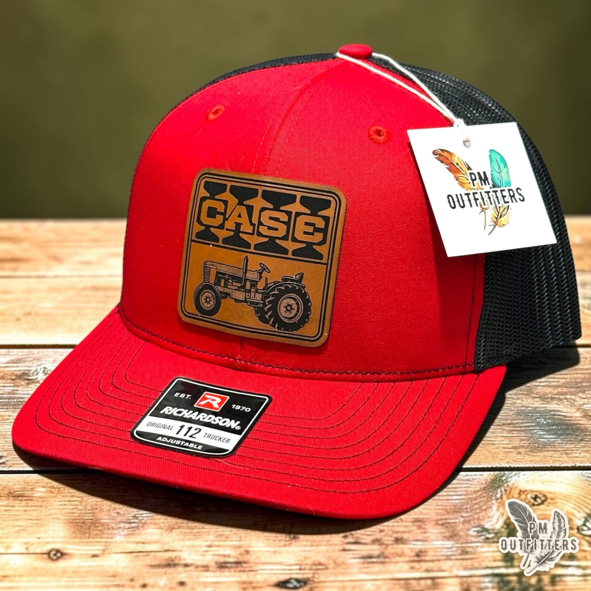 PM Outfitters Case trucker hat red black Richardson 112 vegan leather tractor patch