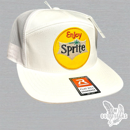 White Richardson 168 Trucker Hat - Retro Enjoy Sprite Embroidered Patch - 7-Panel Snapback Cap