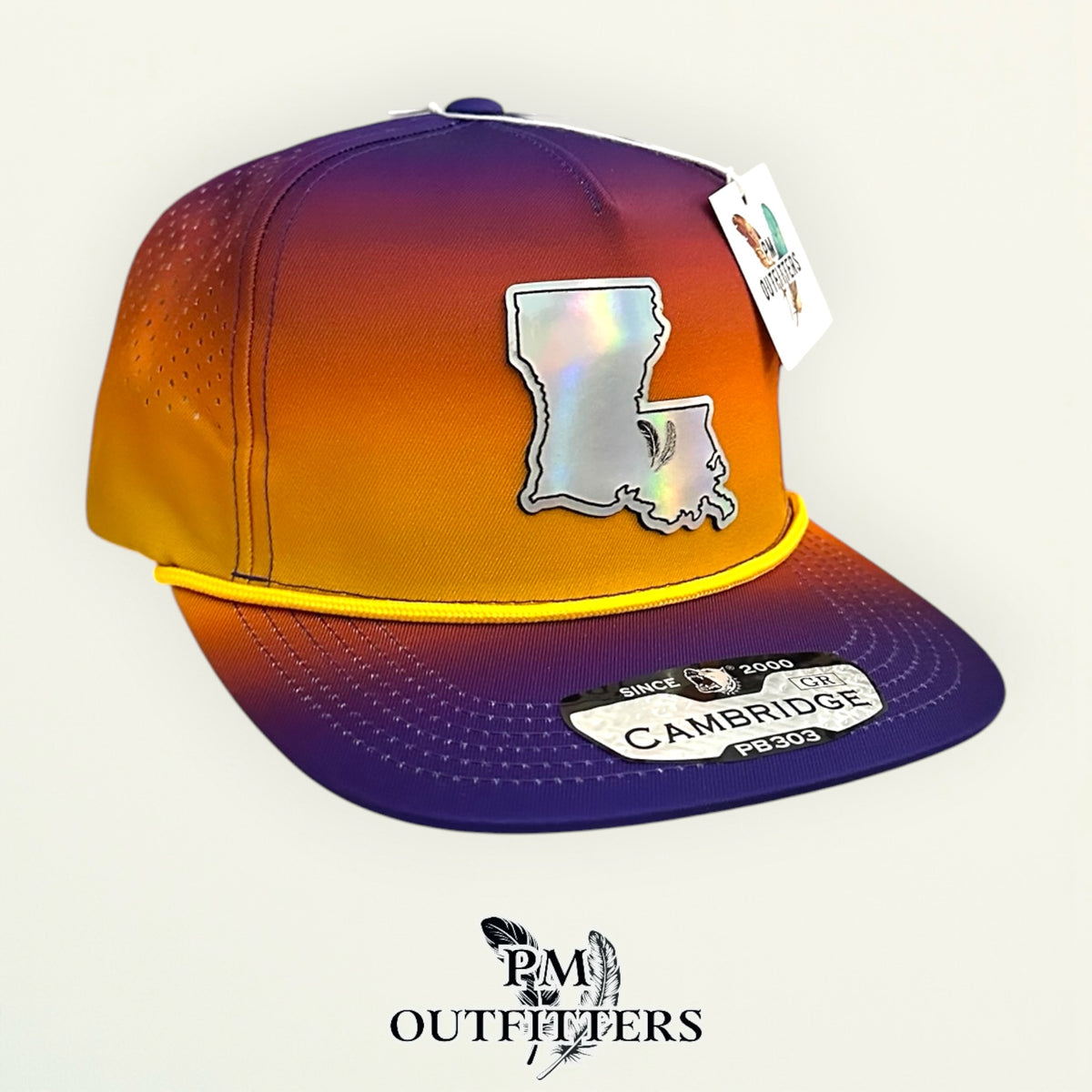 PM Outfitters LSU Tailgate Season holographic vegan leather Louisiana state outline patch trucker hat Baton Rouge two-feather logo purple gold gradient