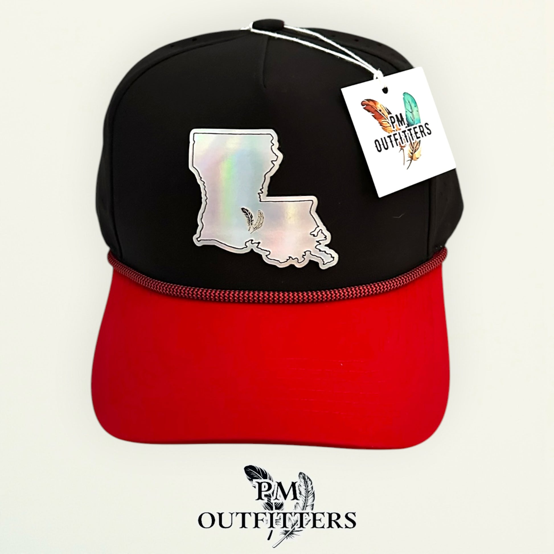 PM Outfitters Louisiana Lafayette Tailgate Season holographic vegan leather Louisiana state outline patch trucker hat Lafayette two-feather logo black red