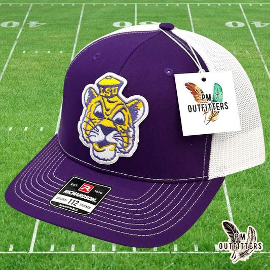 PM Outfitters LSU vintage tiger mascot embroidered patch Richardson 112 purple white trucker hat