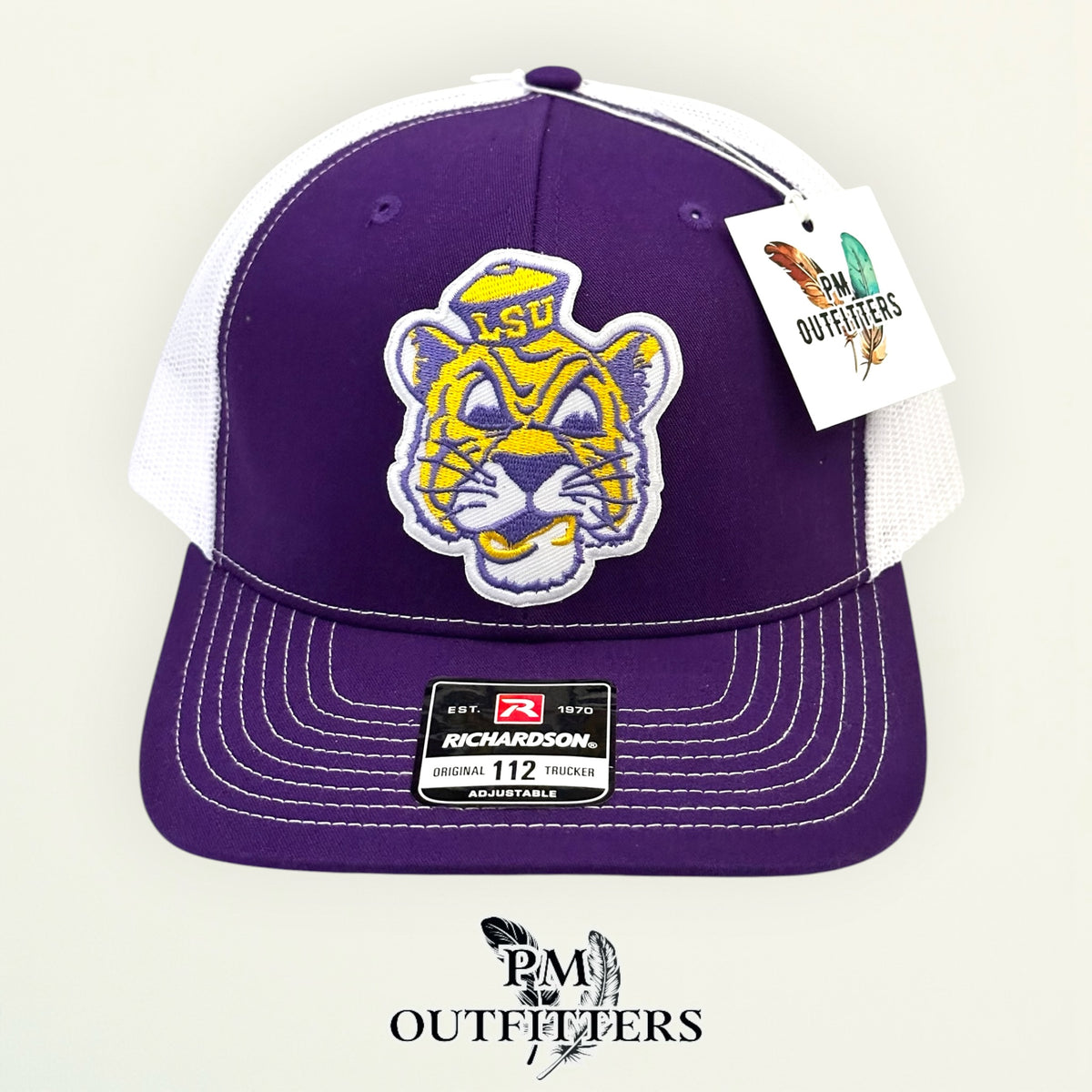 PM Outfitters LSU vintage tiger mascot embroidered patch Richardson 112 purple white trucker hat