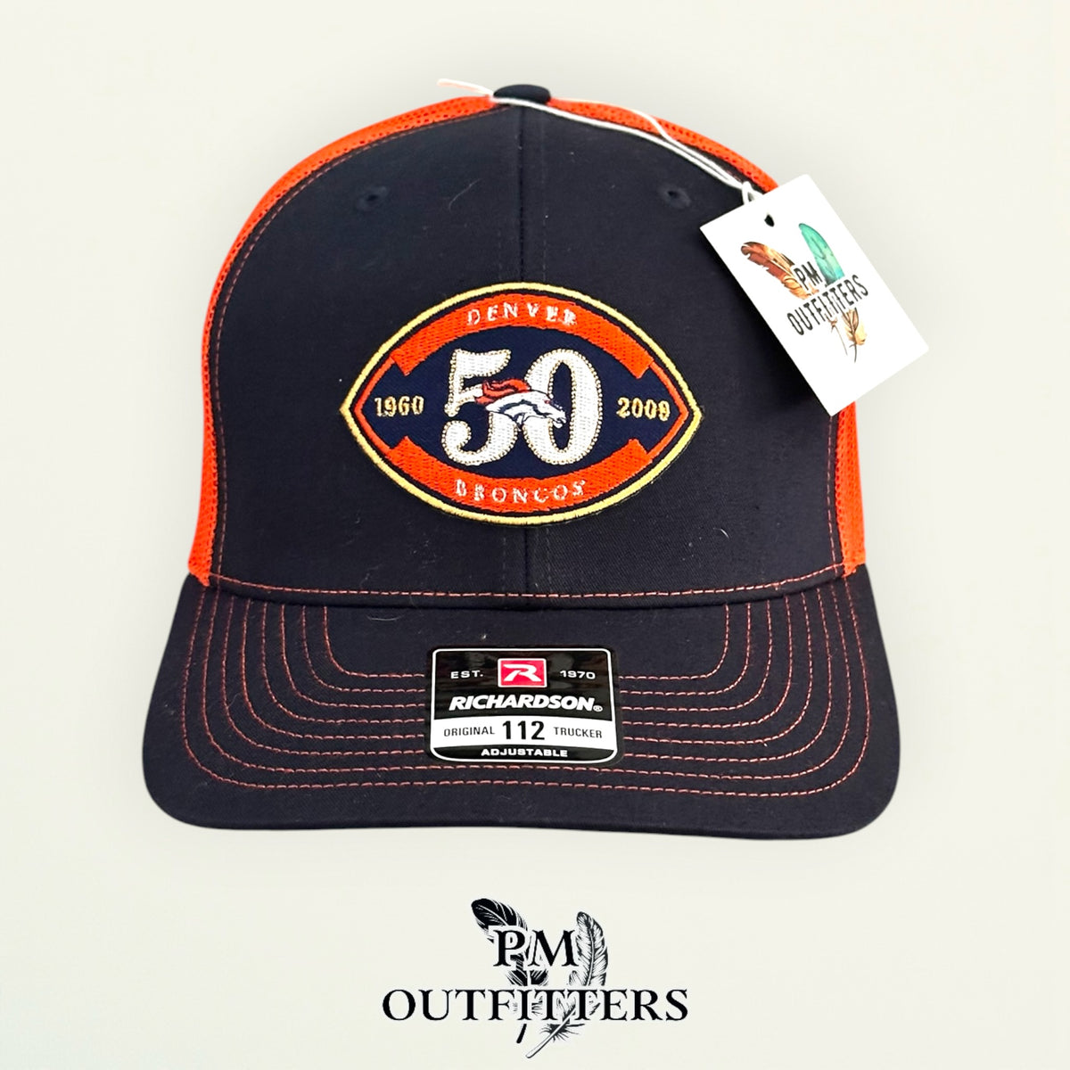 PM Outfitters Denver Broncos 50th Anniversary embroidered patch Richardson 112 black orange trucker hat
