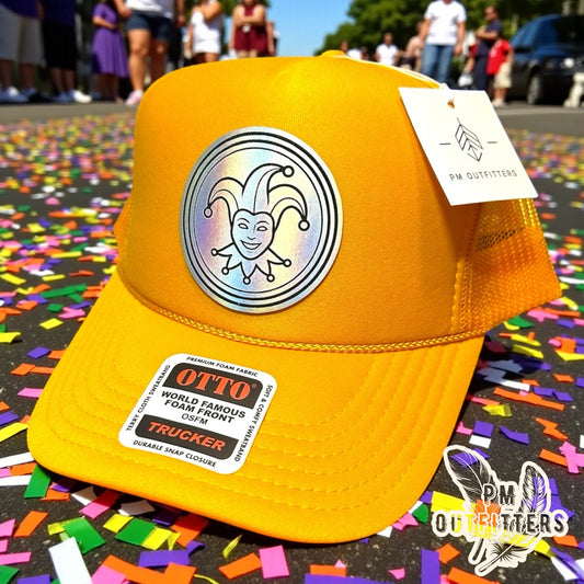 Mardi Gras Holographic Jester Doubloon Trucker Hat - Gold Otto Foam Front