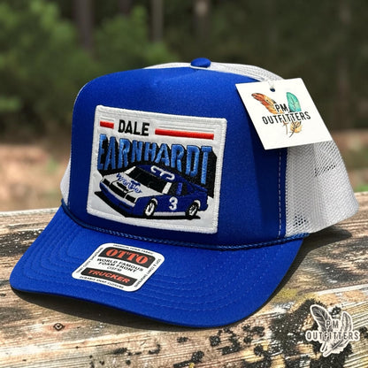 PM Outfitters Dale Earnhardt Wrangler trucker hat blue white Otto foam front rope embroidered patch