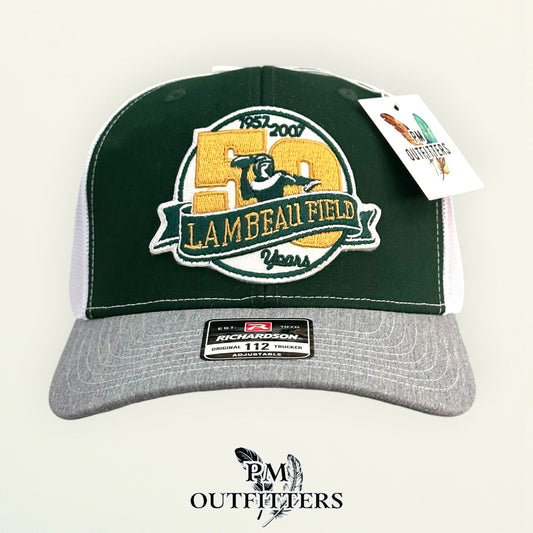 PM Outfitters Green Bay Packers Lambeau Field 50th Anniversary embroidered patch Richardson 112 green gray trucker hat