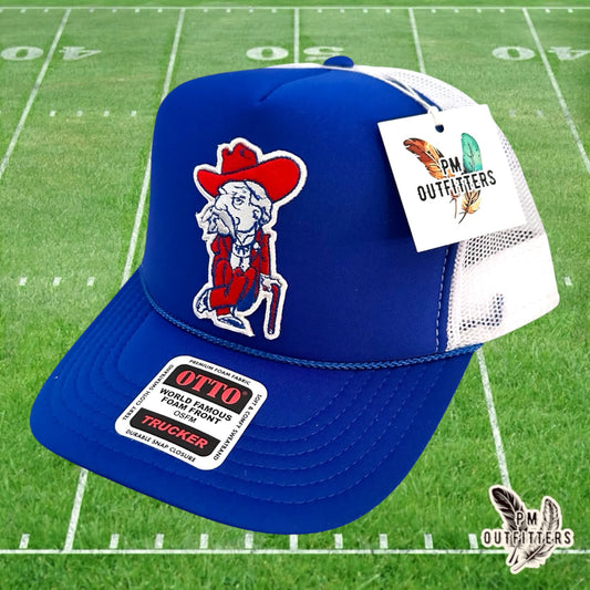 PM Outfitters Ole Miss Colonel Reb retro mascot patch Otto foam front rope royal blue white trucker hat