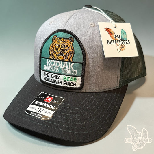 Kodiak Smokeless Tobacco Trucker Hat | PM Outfitters Retro Patch | Richardson 112 Heather Gray, Green & Black