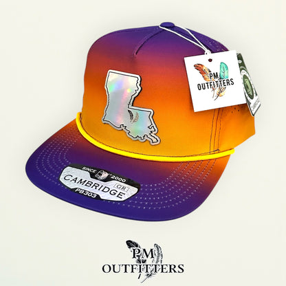 PM Outfitters LSU Tailgate Season holographic vegan leather Louisiana state outline patch trucker hat Baton Rouge two-feather logo purple gold gradient