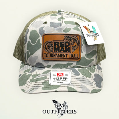 Red Man Tournament Trail patch detail chief head bass illustration vegan leather