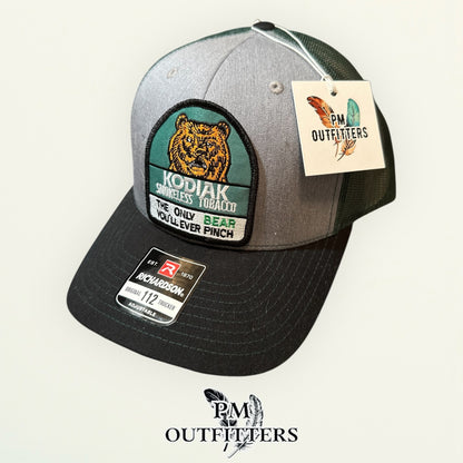 Kodiak Smokeless Tobacco Trucker Hat | PM Outfitters Retro Patch | Richardson 112 Heather Gray, Green & Black