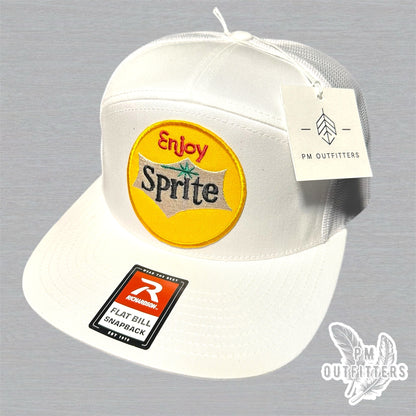 White Richardson 168 Trucker Hat - Retro Enjoy Sprite Embroidered Patch - 7-Panel Snapback Cap