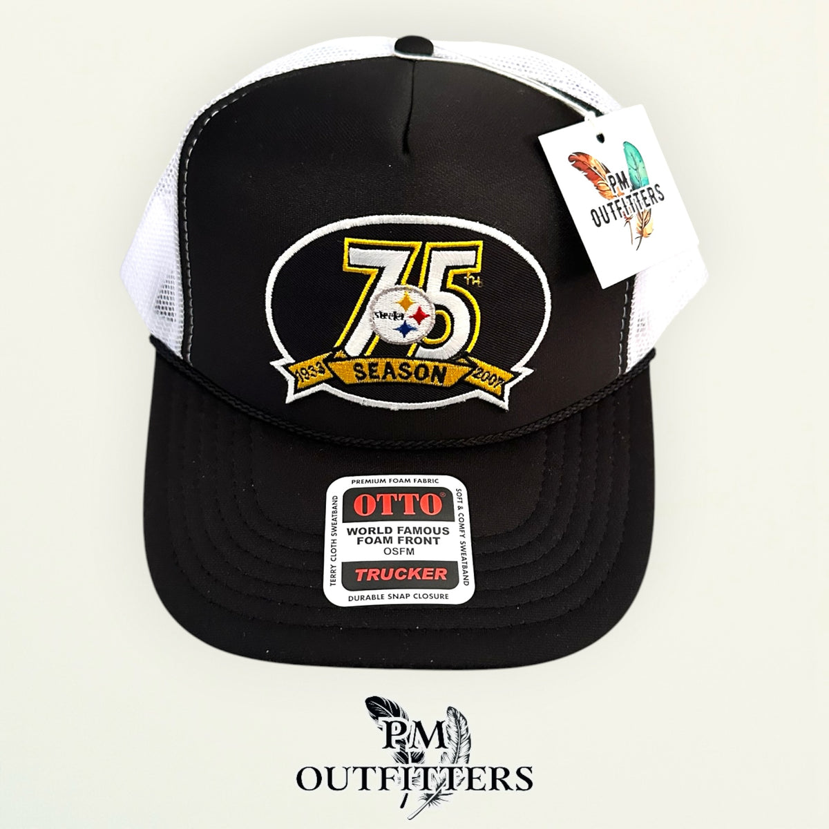 PM Outfitters Pittsburgh Steelers 75th Anniversary embroidered patch Otto foam front rope black white trucker hat