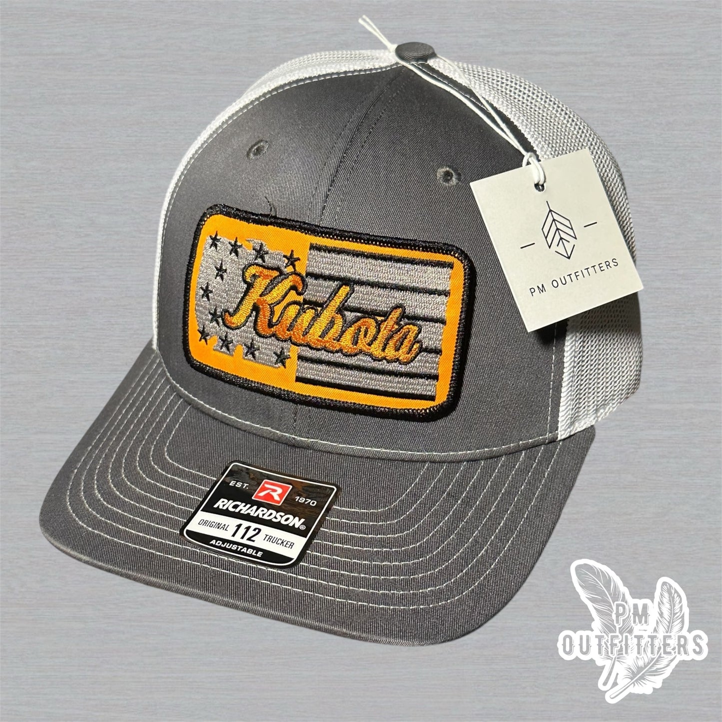 Kubota Tractor American Flag Patch Charcoal & White Richardson 112 Trucker Hat