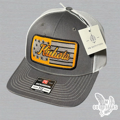 Kubota Tractor American Flag Patch Charcoal & White Richardson 112 Trucker Hat
