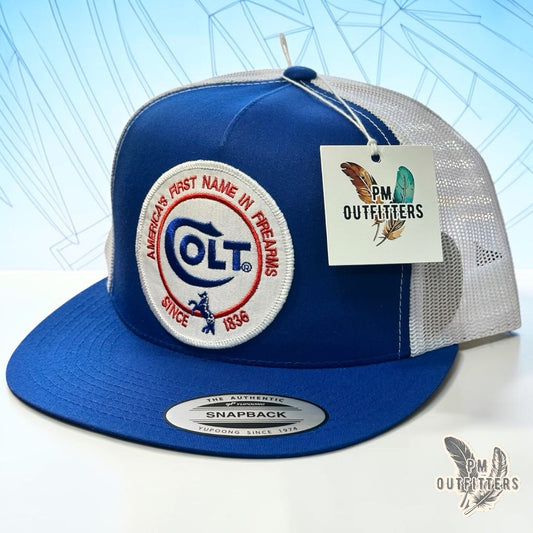 Colt Firearms Hat | Yupoong 6006 Blue & White Flatbill | Since 1836