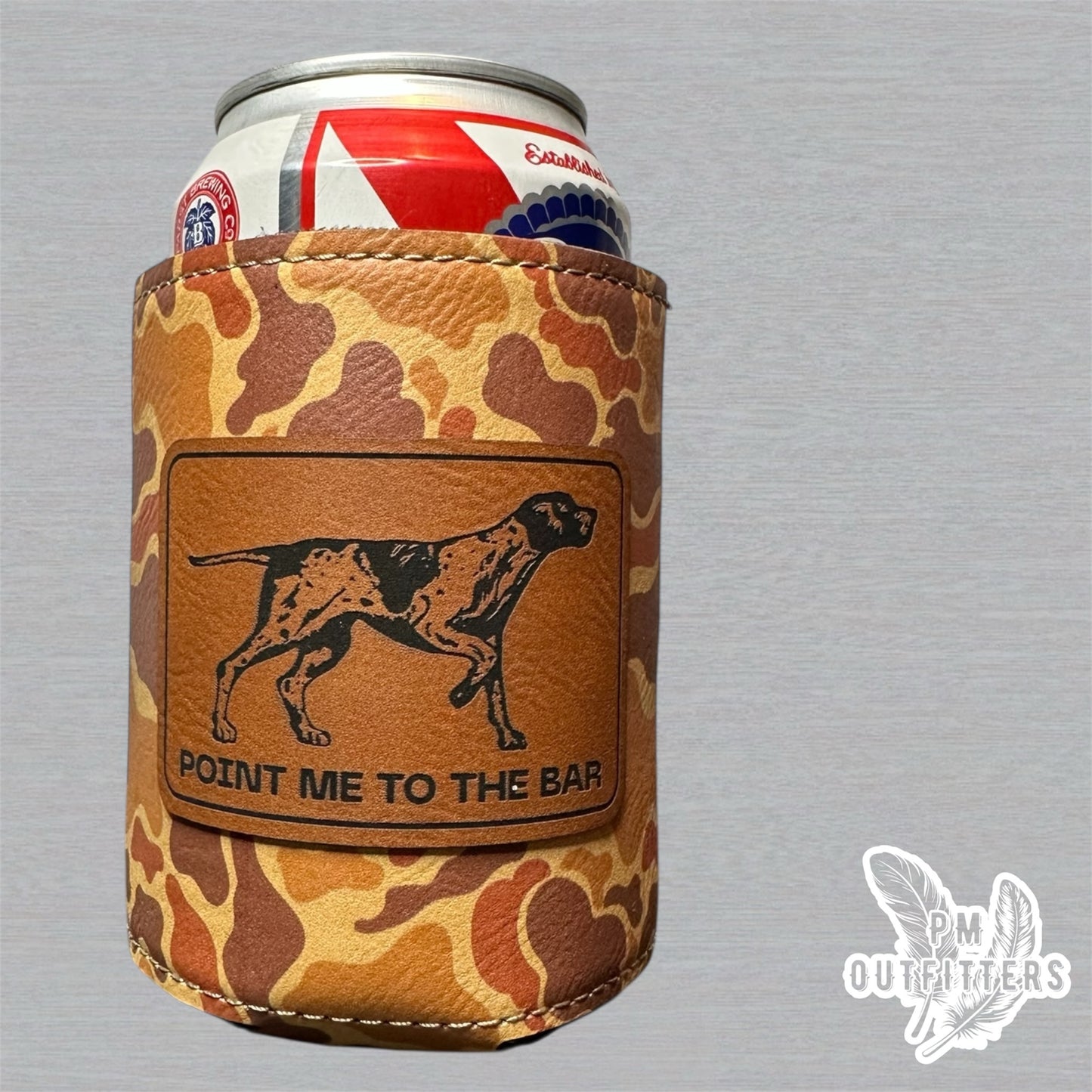 PM Outfitters Custom Laser Engraved “Point Me To The Bar” Premium Camouflage Leatherette Can Koozie