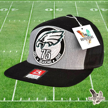 PM Outfitters Philadelphia Eagles 75th Anniversary embroidered patch Richardson 168 black gray trucker hat