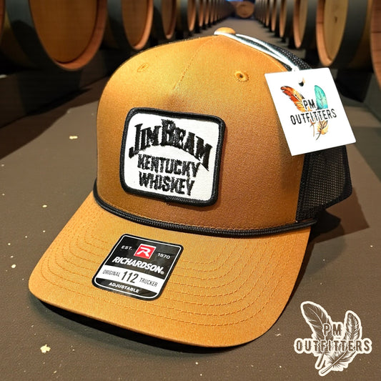 Vintage Jim Beam Kentucky Whiskey Patch Trucker Hat - Richardson 112 Caramel Black Rope